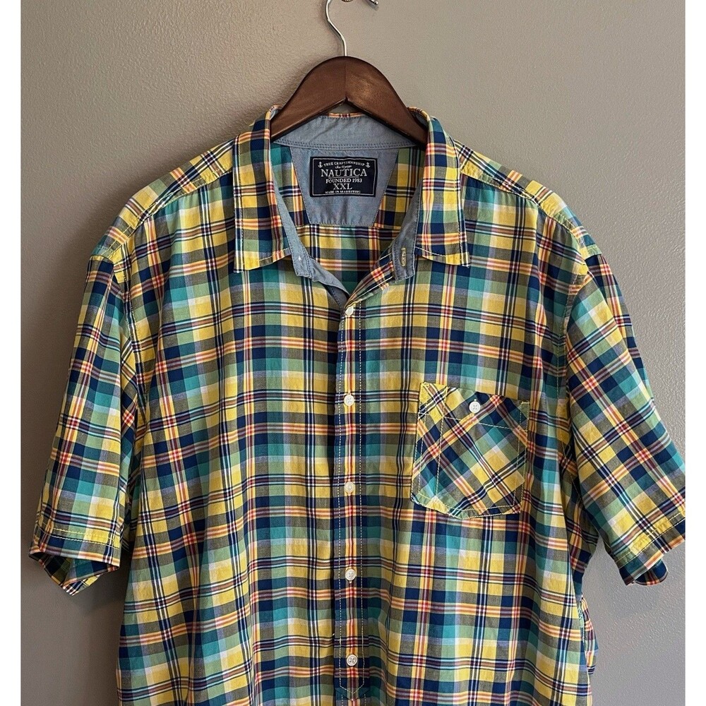 Nautica Mens XXL 2XL Yellow Green Plaid Shirt Sea Voyage Short Sleeve SS Button